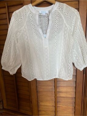 Eyelet Split-Neck Peasant Blouse